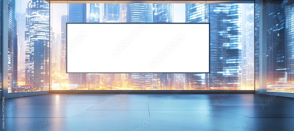 Poster a futuristic business environment with a large display screen