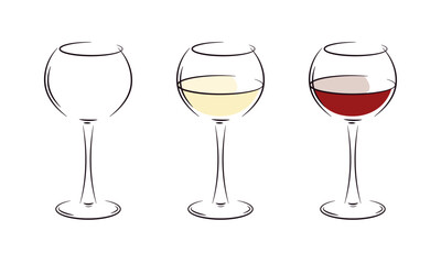 White and red wine glass quick and easy sketch or drawing. Isolated vector illustration.