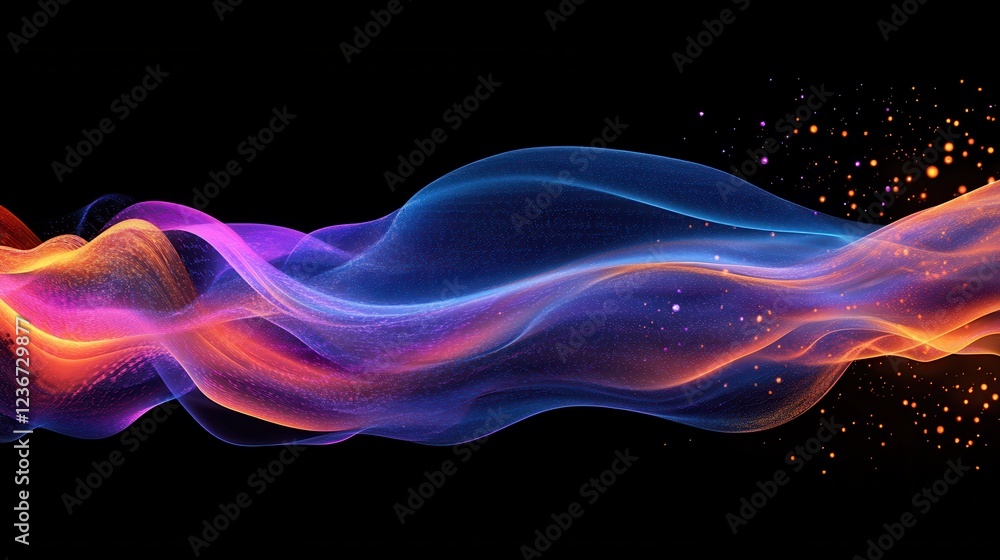Poster abstract virtual digital stream. flowing binary code and neon glowing wave. storage cloud structure.