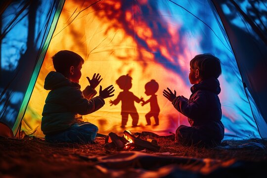 Children enjoy playing shadow puppets inside a colorful tent during a camping trip