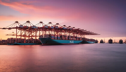 Shipping Port at Sunset Cargo Ships, Cranes, and Global Trade 