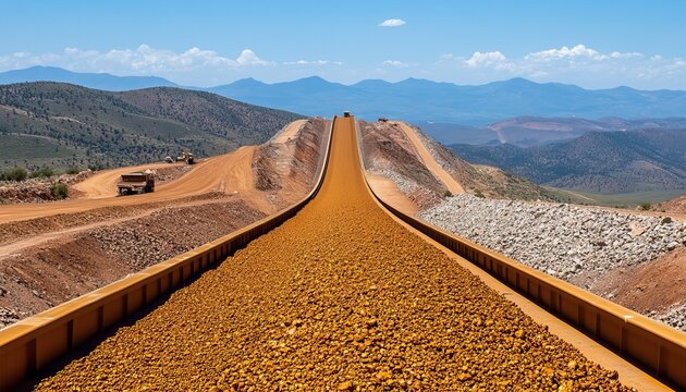 A vast landscape featuring a long, straight pathway made of gravel, extending toward distant mountains under a clear blue sky.