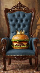 Burger with a crown on a royal chair