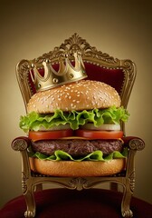 Burger with a crown on a royal chair