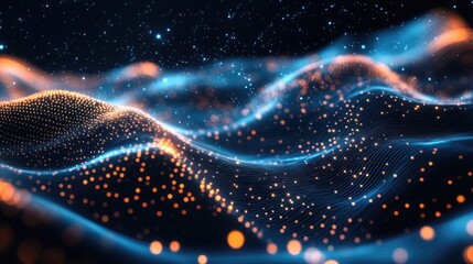 Obraz premium Abstract digital wave, glowing particles, dark space background, technology concept, website banner