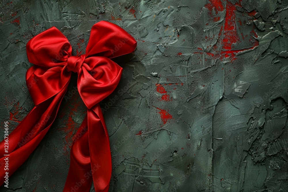 Poster red bow adding a touch of elegance to a dark, textured background, creating a dramatic and visually 