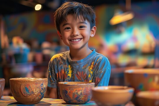 Joyful child enjoying pottery painting session in a creative studio