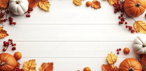 Autumnal border with pumpkins, leaves, and berries on white wood. (1)