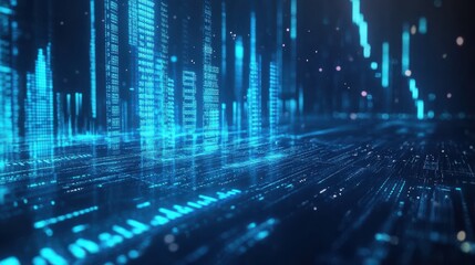 Digital financial data visualization with blue bar graphs and line charts