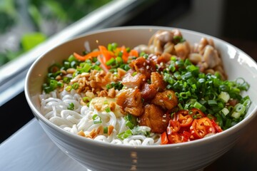 Tasty asian noodle dish with chicken, peanuts, spring onions, carrots, chili pepper and sauce, served in a white bowl