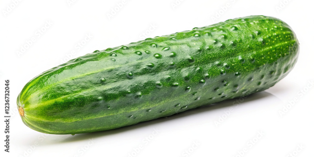 Poster a vibrant green cucumber lies on a clear surface, showcasing its curved shape and bumpy texture. ide