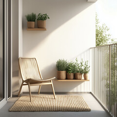 A clean and organized balcony garden featuring a few potted herbs, vegetables, and flowers in neutral-toned planters.