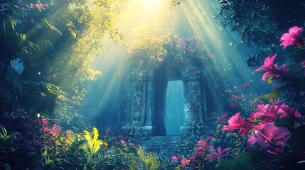 Obraz premium A serene and enchanting jungle scene illuminated by golden sunlight streaming through dense foliage. In the foreground, vibrant flowers in shades of pink and green frame a stone structure partially co
