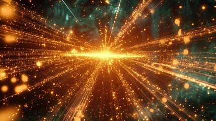 Fototapeta premium Golden light rays burst from center, cosmic nebula background; abstract energy concept, website header