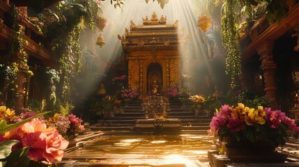 Fototapeta premium A serene temple interior bathed in warm sunlight, with intricate golden architecture and lush green foliage. The temple is adorned with vibrant flowers in shades of pink and yellow, reflecting in a tr