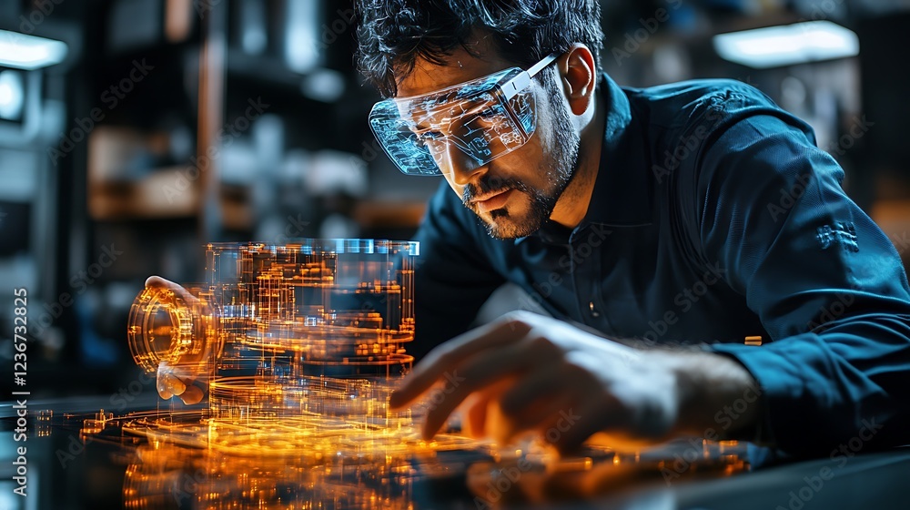 Poster engineer using augmented reality glasses to design a 3d model of a machine part.