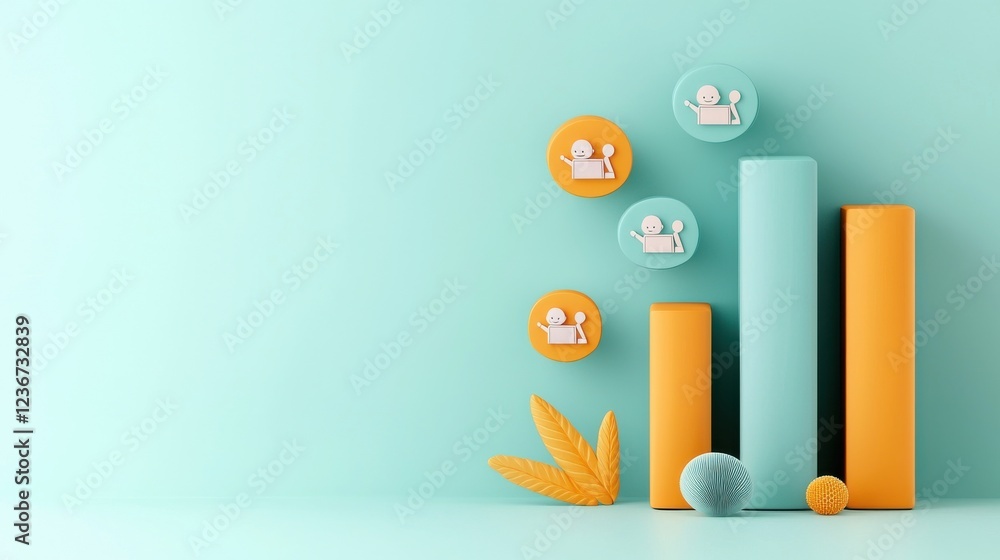 Poster colorful graph elements with icons on turquoise background for concepts