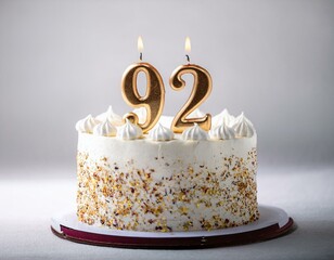Decorated white cake for birthday or anniversary party, candle number 92, white background