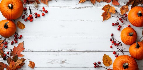 Autumnal frame with pumpkins, leaves, and berries on white wood.