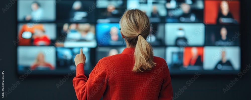 Leinwandbilder a woman in a red shirt engages with a virtual meeting displayed on a large screen, featuring multipl