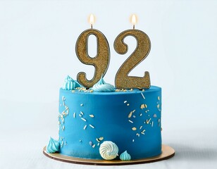Decorated blue cake for birthday or anniversary party, candle number 92, white background