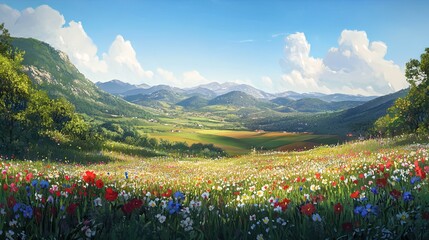 A breathtaking panoramic landscape view showcasing a vibrant field of wildflowers in an array of colors, set against rolling green hills and distant mountains under a bright blue sky dotted with fluff