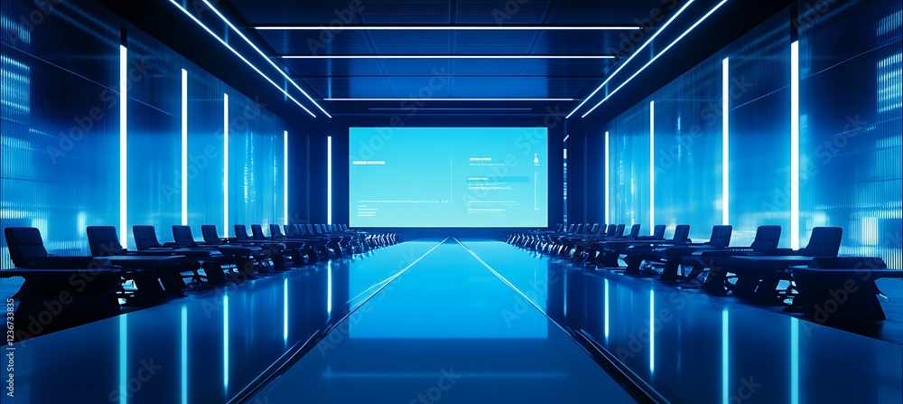 Poster a high-tech business meeting setup with a large screen