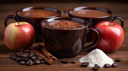 Warm cup of coffee surrounded by aromatic spices, apples, and sugar. Enjoy cozy atmosphere