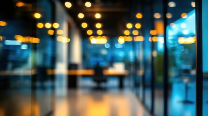 Abstract blurred image of an office interior at night showcasing a blurry working space with a defocused effect