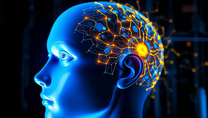 Side view of a humanoid head with blue and yellow eyes and vibrant neon neural network, robot face, representing futuristic technology and artificial intelligence. Generative AI