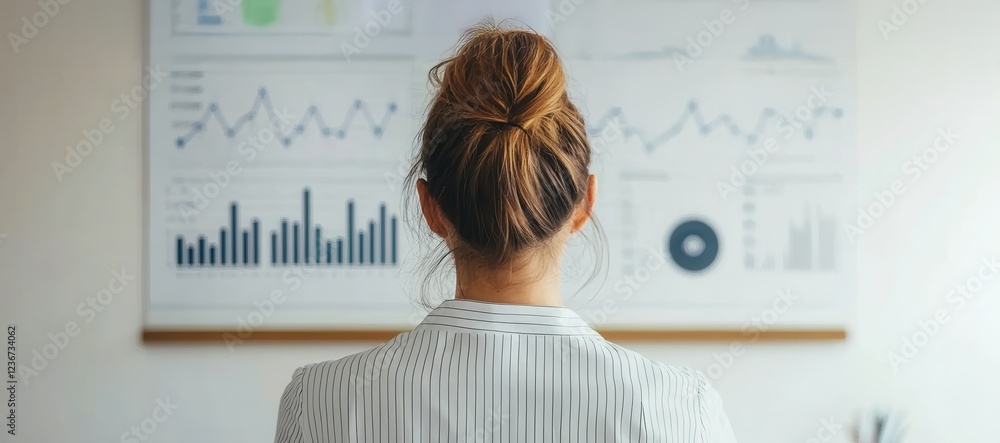 Fototapete A woman in a striped blazer is analyzing data visualizations on a wall, focusing on graphs and charts in a modern office environment.