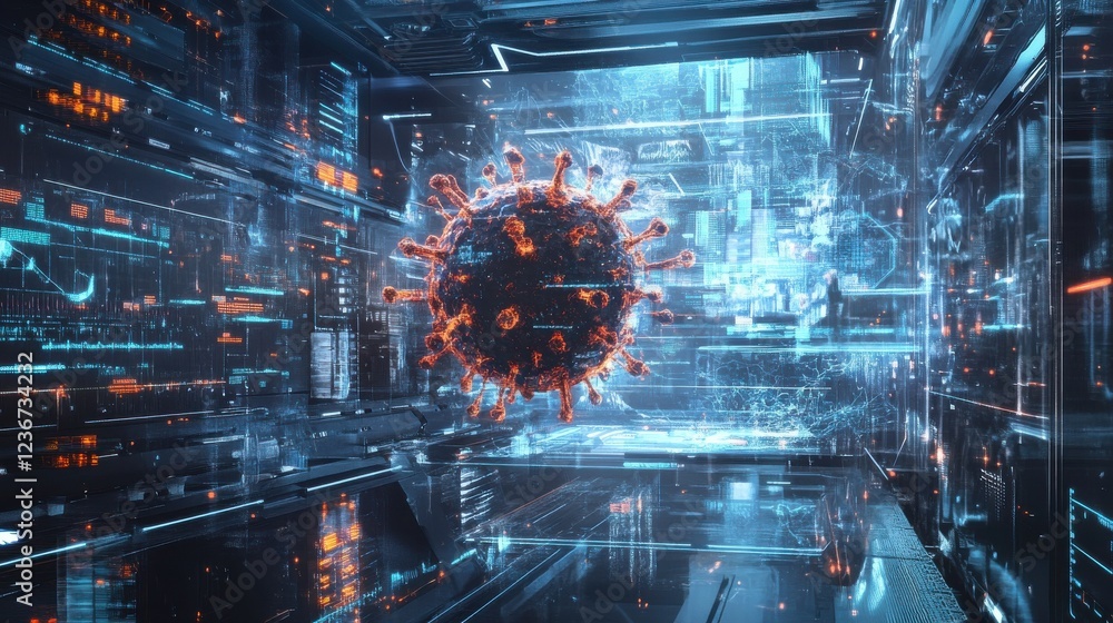 Aufkleber a digital representation of a virus amidst futuristic technology, showcasing data visualization and 
