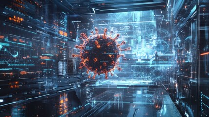 A digital representation of a virus amidst futuristic technology, showcasing data visualization and scientific analysis in a high-tech environment.