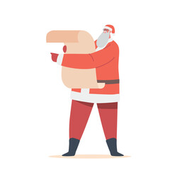Santa Claus with Scroll Isolated on White Background. Christmas Character in Red Festive Costume and Hat Read Letter