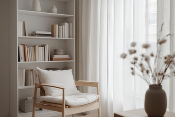 a minimal  reading nook featuring Zen-inspired decor elements like smooth stones or bamboo accents alongside the chair and bookshelf for added tranquility.