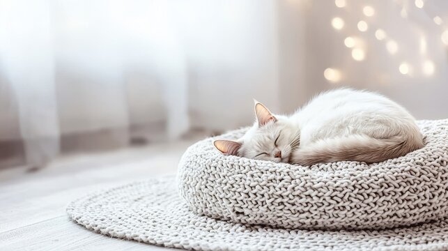 Cozy White Cat Sleeping on Knitted Bed in Bright Room with Soft Lighting and Peaceful Ambiance