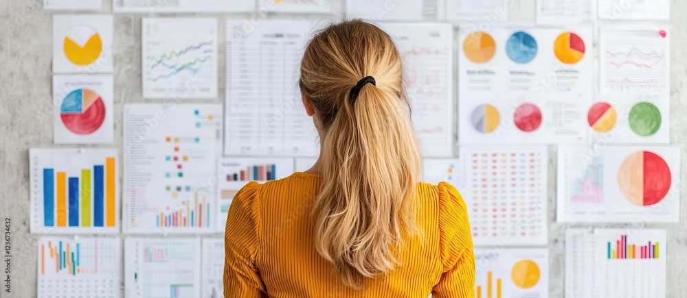 Poster a woman analyzes various charts and graphs displayed on a wall, showcasing data visualization and st