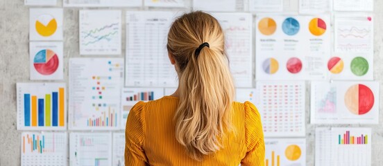 A woman analyzes various charts and graphs displayed on a wall, showcasing data visualization and strategic planning.