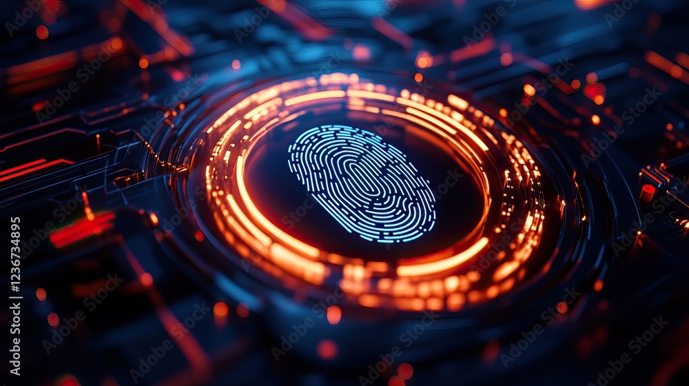 Aufkleber a digital fingerprint is displayed in a futuristic design, surrounded by glowing circuitry, symboliz