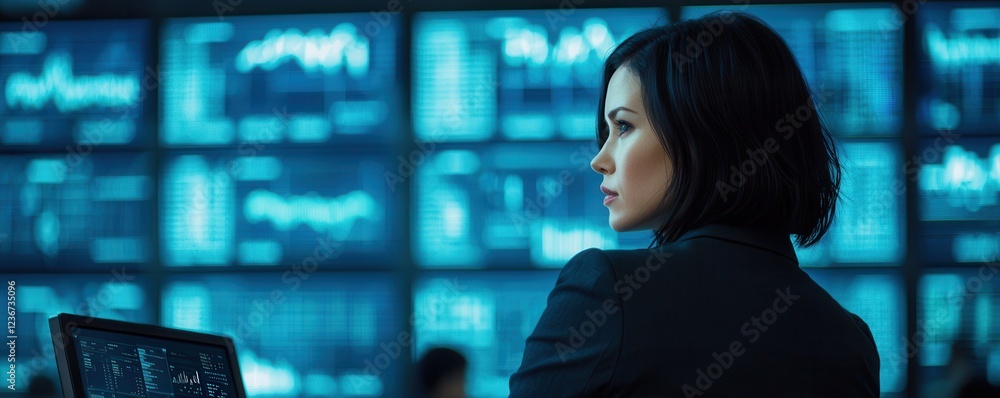 Leinwandbilder a focused woman analyzes data in a high-tech environment, surrounded by multiple screens displaying 