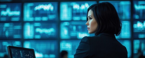 A focused woman analyzes data in a high-tech environment, surrounded by multiple screens displaying complex information.