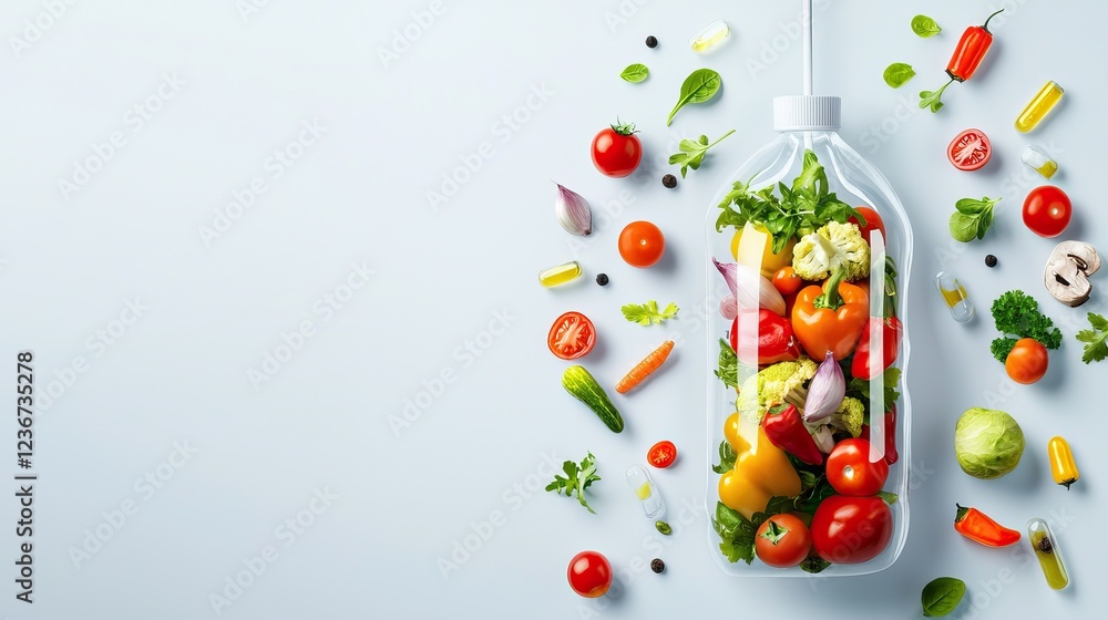 Poster a vibrant array of fresh vegetables and fruits is arranged around a clear bottle, emphasizing health