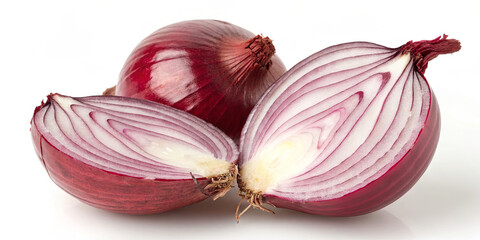 Fresh red onions are displayed, showcasing their vibrant purple skin and white layers. One onion is cut open, exposing its intricate inner pattern and crisp texture