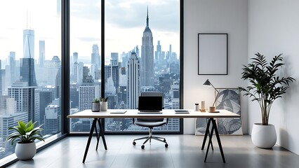 Modern executive office interior with desk, chair, large windows showcasing city view, and blank vertical canvas for advertising. 3D Rendering