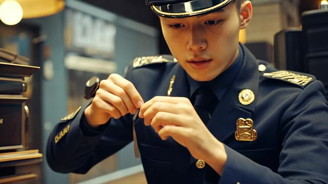 Young man in a military uniform carefully inspects a small object inside a well-lit modern workspace