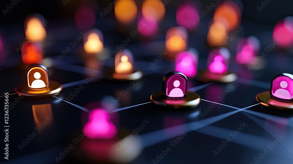 Poster a vibrant digital network with illuminated user icons, symbolizing connectivity and interaction in a