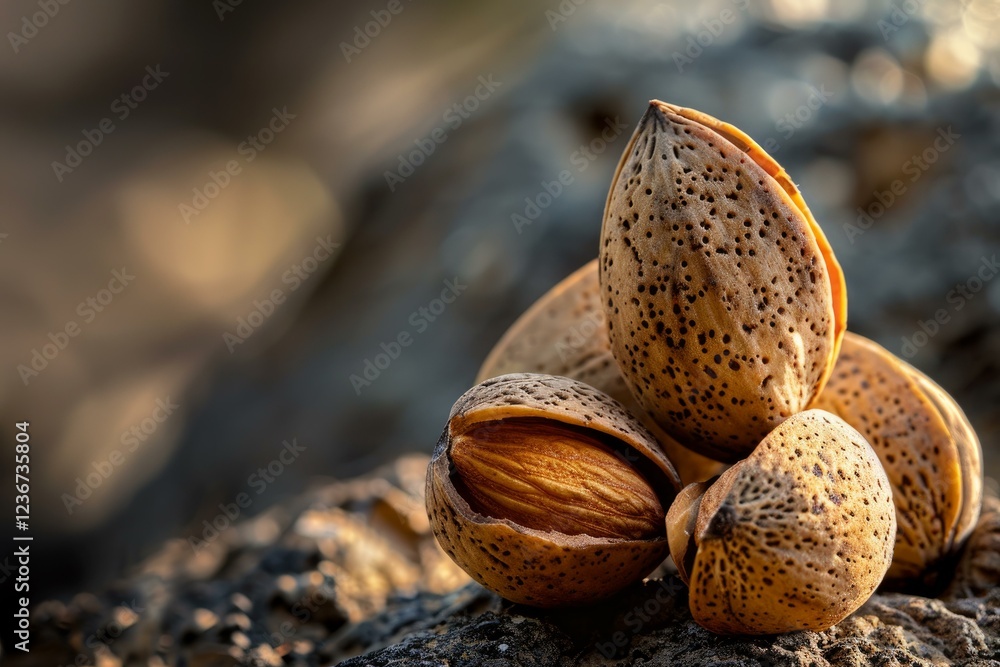 Poster close up of almonds, highlighting the texture of the shell and the nut inside
