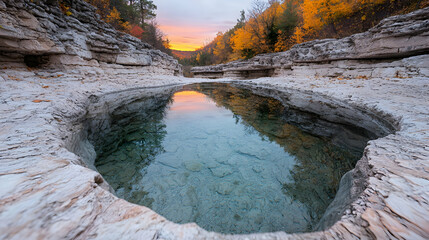 Autumn sunrise over serene canyon pool