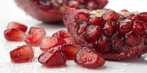 Bright red pomegranate halves reveal glistening seeds scattered around. Juicy arils glisten, showcasing their vibrant color, perfect for adding freshness to dishes