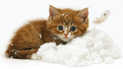 Playful Ginger Kitten Exploring Snowy Backyard Winter Wonderland Animal Photography Outdoor Close-Up Adorable Moments